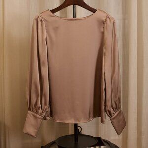 Satin Balloon Sleeve Blouse | Zara / Aritzia | Taupe Silk-Look Top